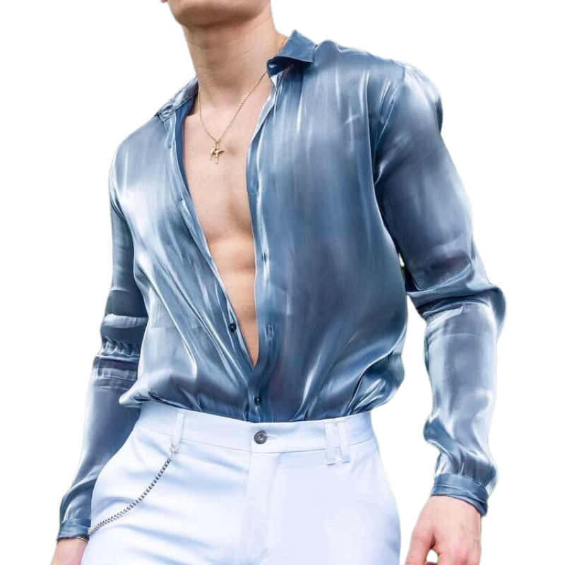 Men's Fashion Satin Lapel Long Sleeve Shirt 12760771F