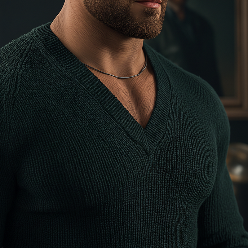 Men's Winter Retro Cotton Yarn Knit V-Neck Slim Fit Sweater MTA2601K0P