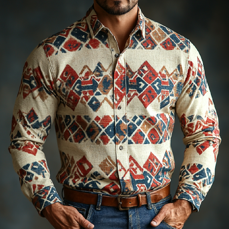 Men's Versatile Lapel Printed Cotton and Linen Long-sleeved Shirt 46159431F