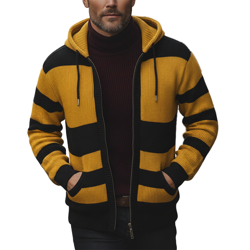 Men's Winter Retro Color Block Cotton Yarn Knitted Hooded Cardigan MTA0349K3P