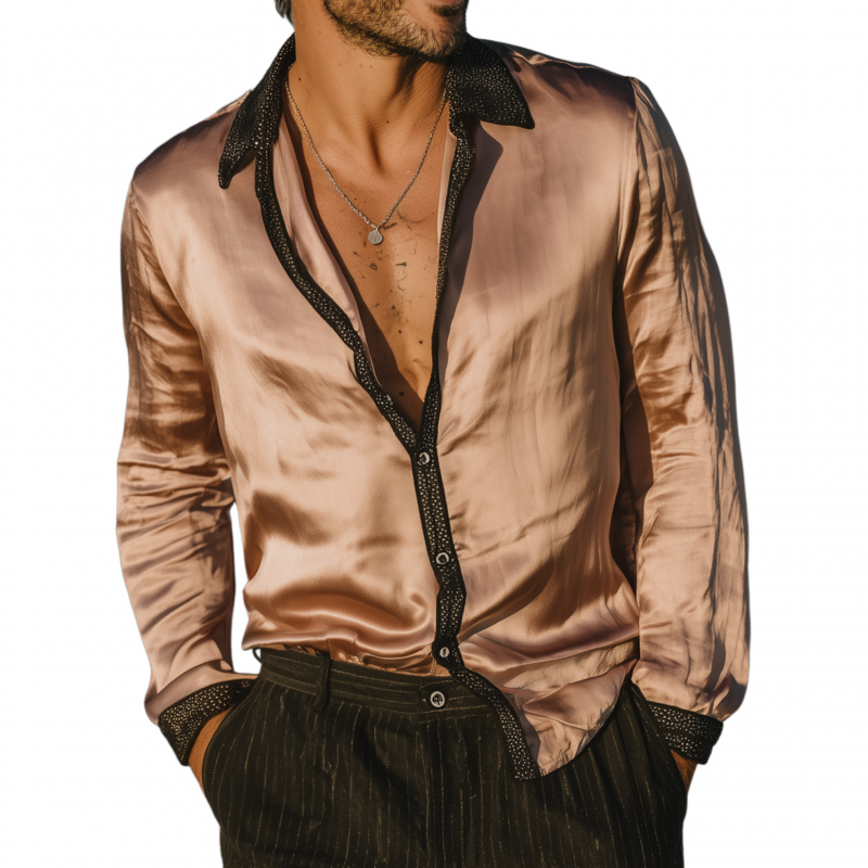 Men's Vintage Elegant Satin Lace Colorblock Patchwork Lapel Slim Fit Long Sleeve Shirt MTA1541G1M