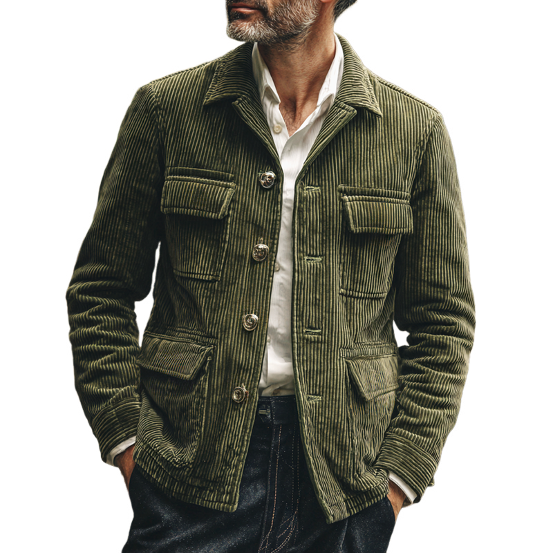 Men's Corduroy Lapel Multi-pocket Single Breasted Casual Jacket MTA3077H2Z