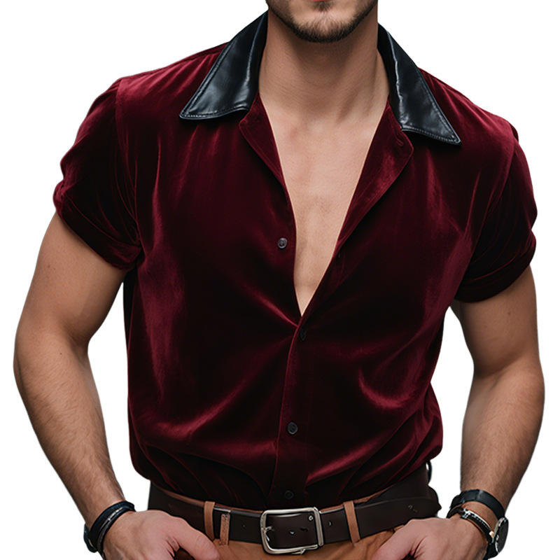 Men's Retro Casual Velvet Leather Lapel Short Sleeve Shirt MTA0768G0TO