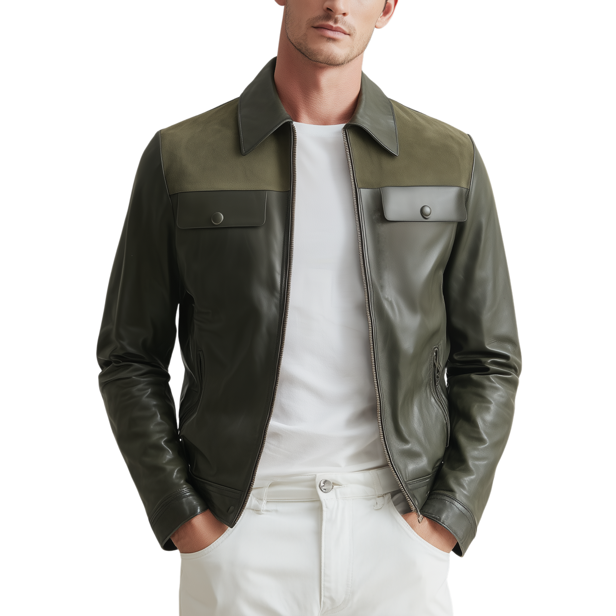 Men's Classic Casual Shoulder Suede Lapel PU Leather Zipper Jacket MTA2909H5K