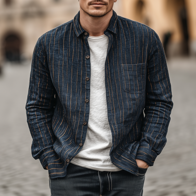 Men's Casual Breathable Linen Striped Lapel Patch Pocket Slim Fit Long Sleeve Shirt MTA1852G4M