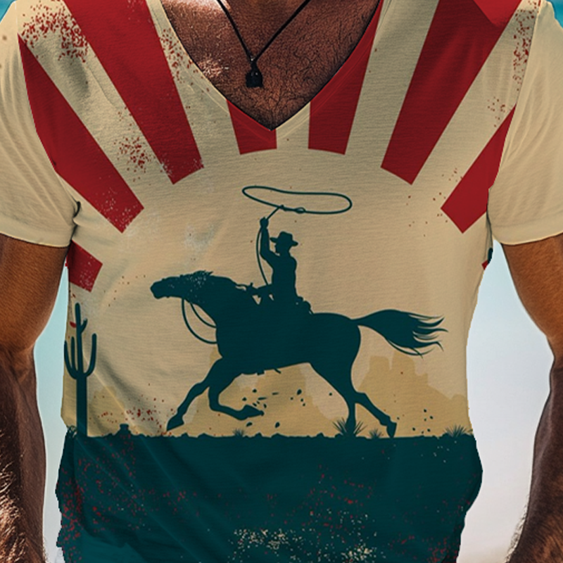 Herre t-skjorte med kort erme og V-hals i western cowboy-stil, trykk, MTA1383F4X