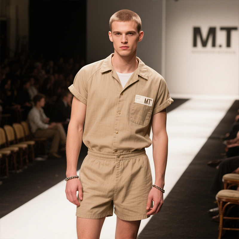 Men's Retro Casual Iron Window Trend Free Lapel Shirt Shorts Two-piece Set MTA2334F0TO