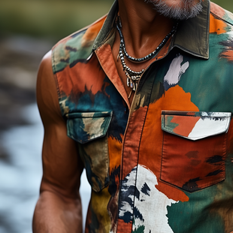 Men's Summer Classic Camouflage Button-Down Sleeveless Shirt MTA0655F5U