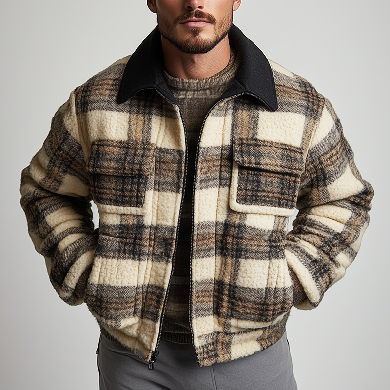 Men's Winter Retro Plaid Print Fleece Collar Jacket MTA1790K2P