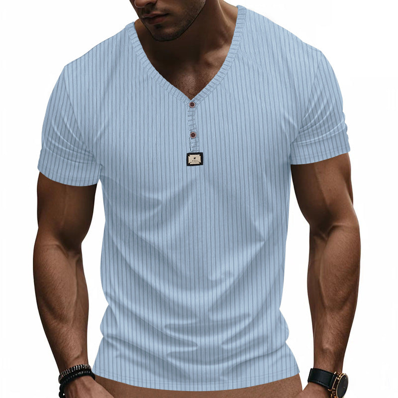 Men's Solid Color Textured Short Sleeve Button-Up T-Shirt MTA0623E4X