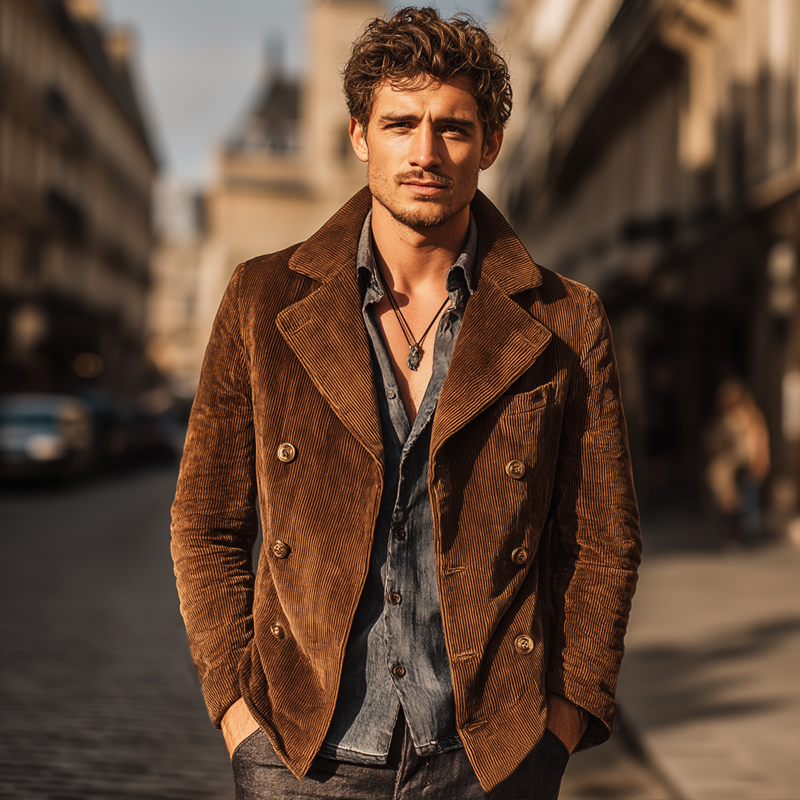 Men's Vintage Glossy Corduroy Double-breasted Jacket MTA1634J3U