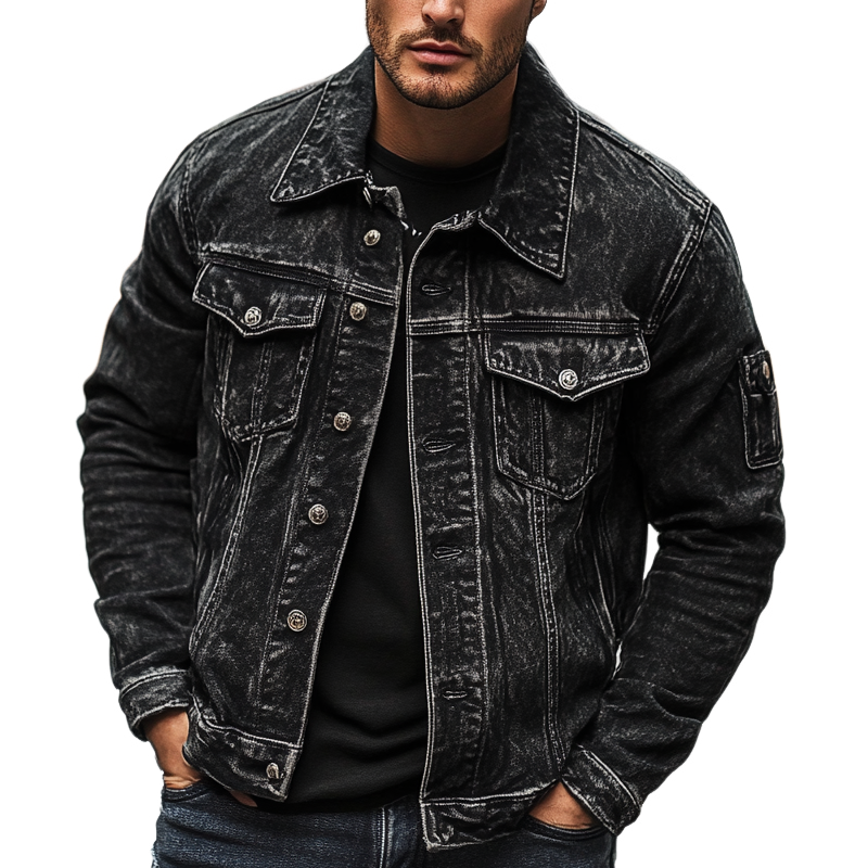Men's Vintage Washed Distressed Lapel Denim Jacket MTA2523H4X