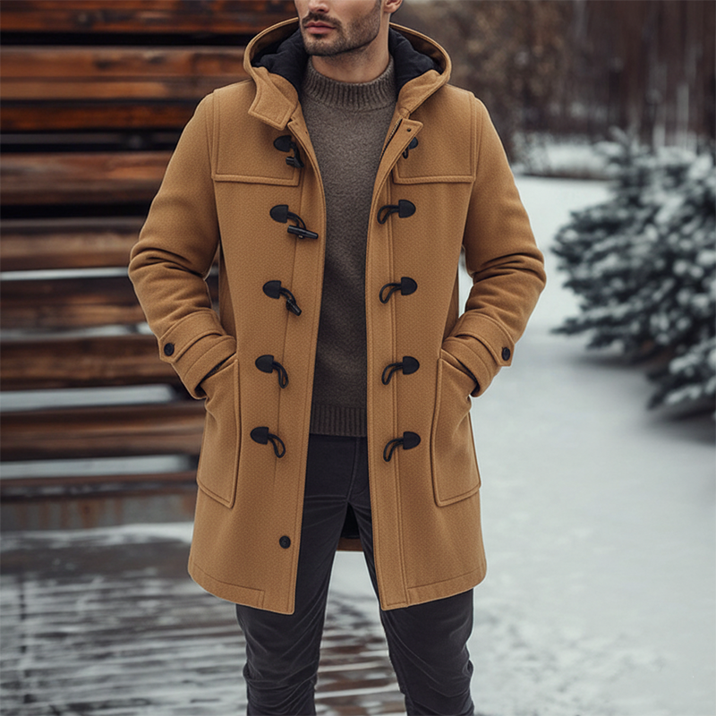 Men's Solid Color Faux Wool Blend Hooded Mid-Length Coat  MTA1449J0X