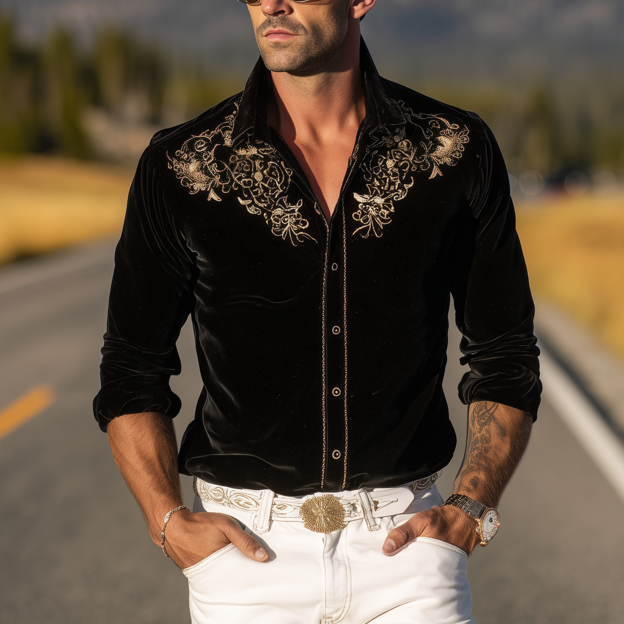 Men's Classic Retro Western Style Velvet Embroidered Slim-fit Long-sleeved Shirt MTA1525H4K
