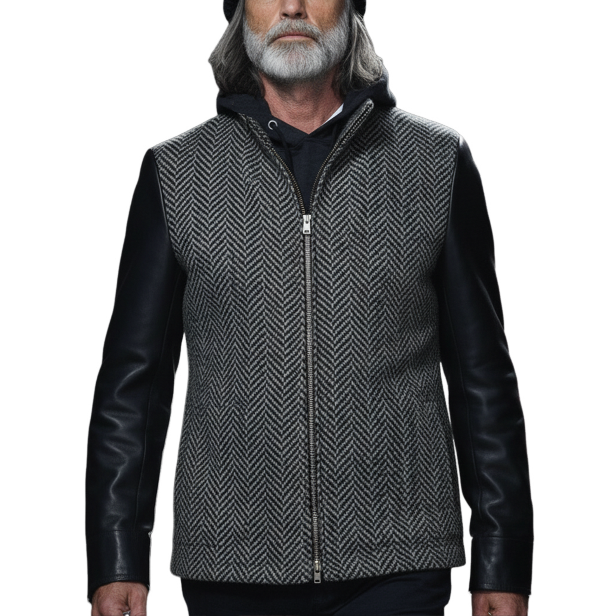 Men's Classic Retro Sleeves Stitching PU Leather Stand Collar Faux Herringbone Woolen Jacket MTA2858I3K