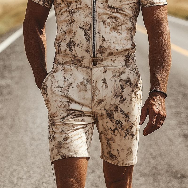 Men's Fashion Casual Western Tough Style Thin Suede Art Camouflage Print Zipper Short-sleeved Jumpsuit MTA1259F2K