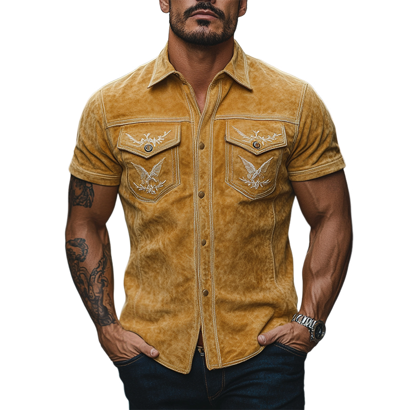 Men's Classic Retro Western Embroidered Slim Fit Suede Short Sleeve Shirt 89659726K