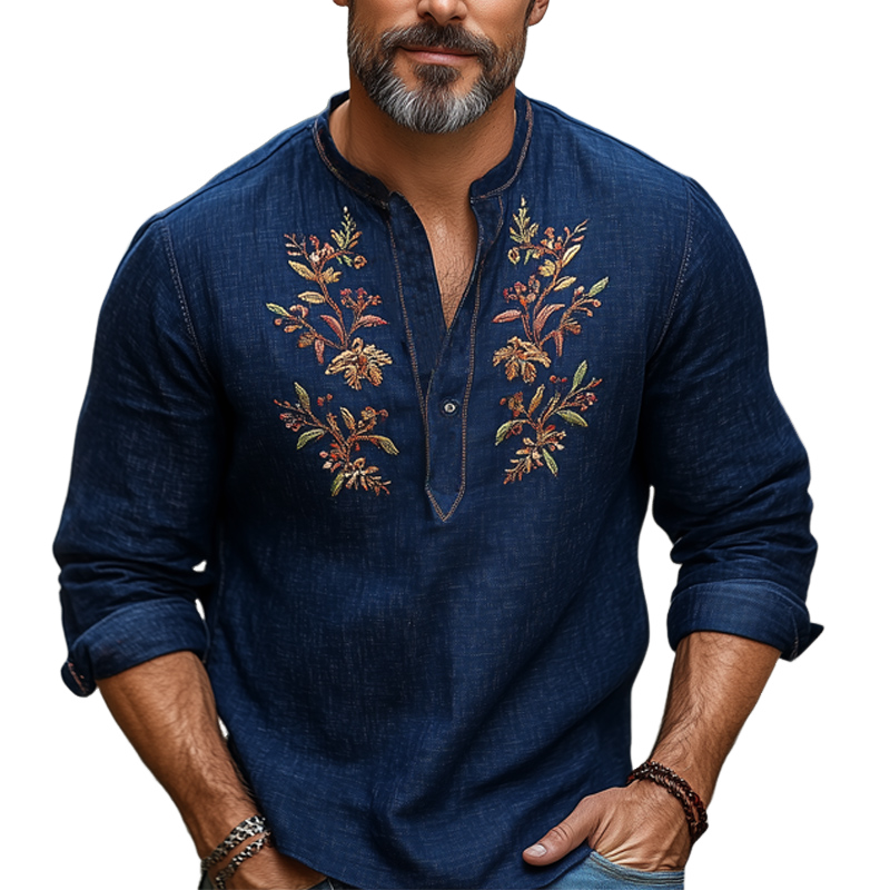 Men's Navy Blue Cotton and Linen Vintage Embroidered Long Sleeve T-Shirt 43526691U