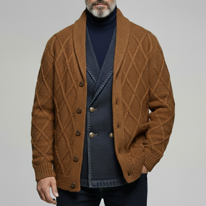 Men's Retro Plaid Jacquard Solid Color Lapel Knitted Start MTA1965I7X
