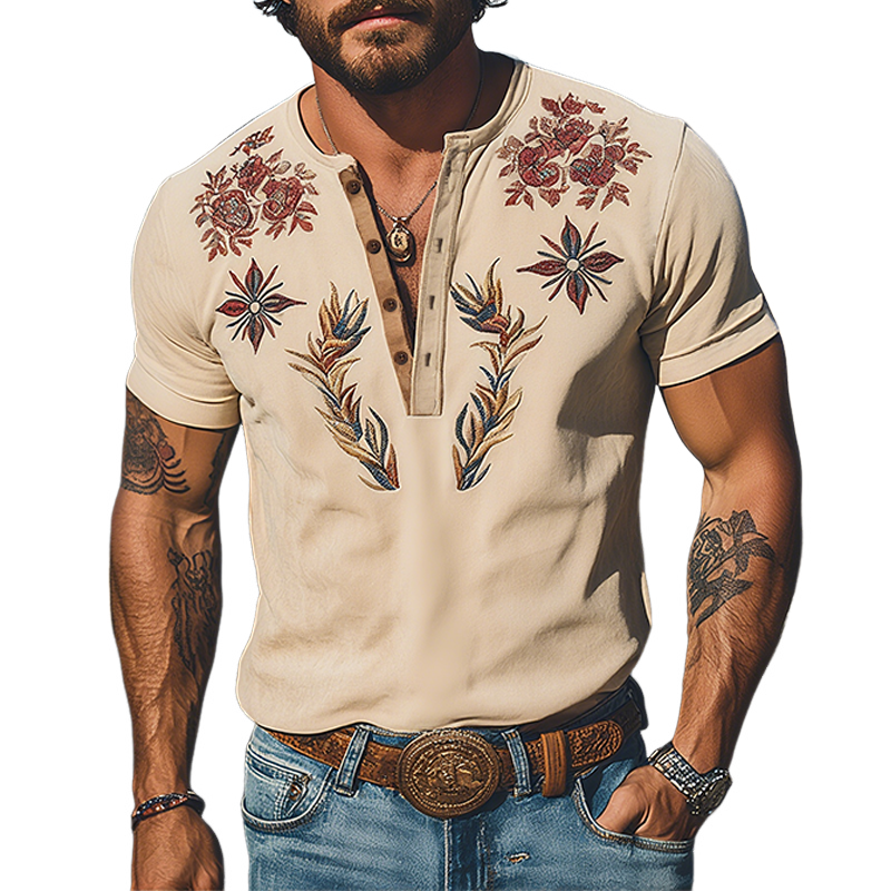 Men's Spring And Summer New American Retro Western Cowboy Thin Suede Embroidered Henry Collar Short-sleeved T-shirt MTA1800F9K
