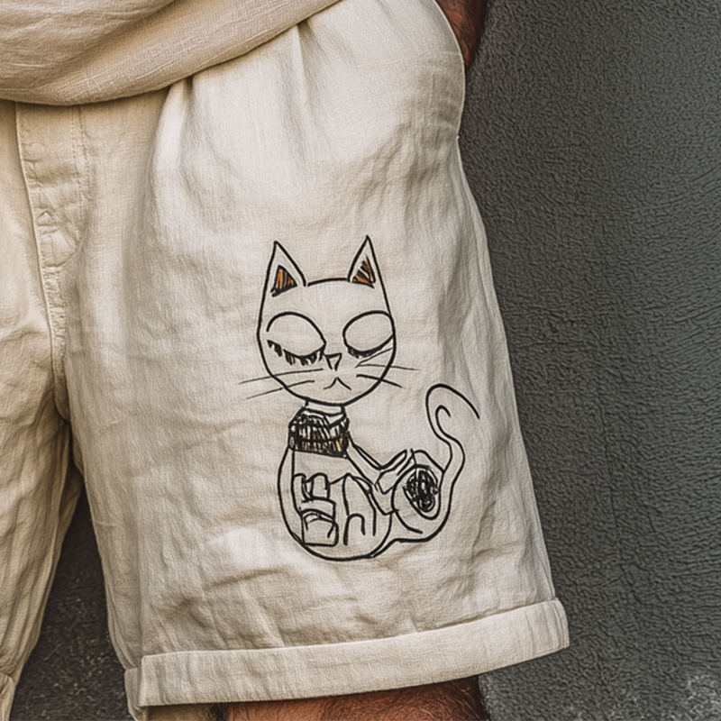 Men's Summer Fashion Cat Print Linen Blend Casual Shorts MTA2044F2P