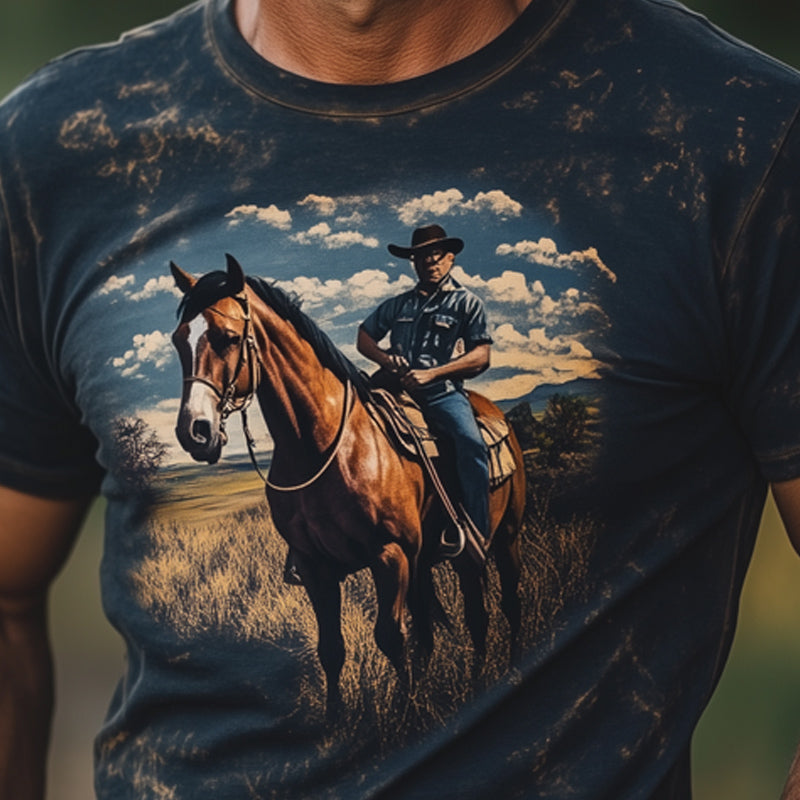 Men's Western Cowboy Style Printed Crew Neck T-Shirt MTA2846D0U