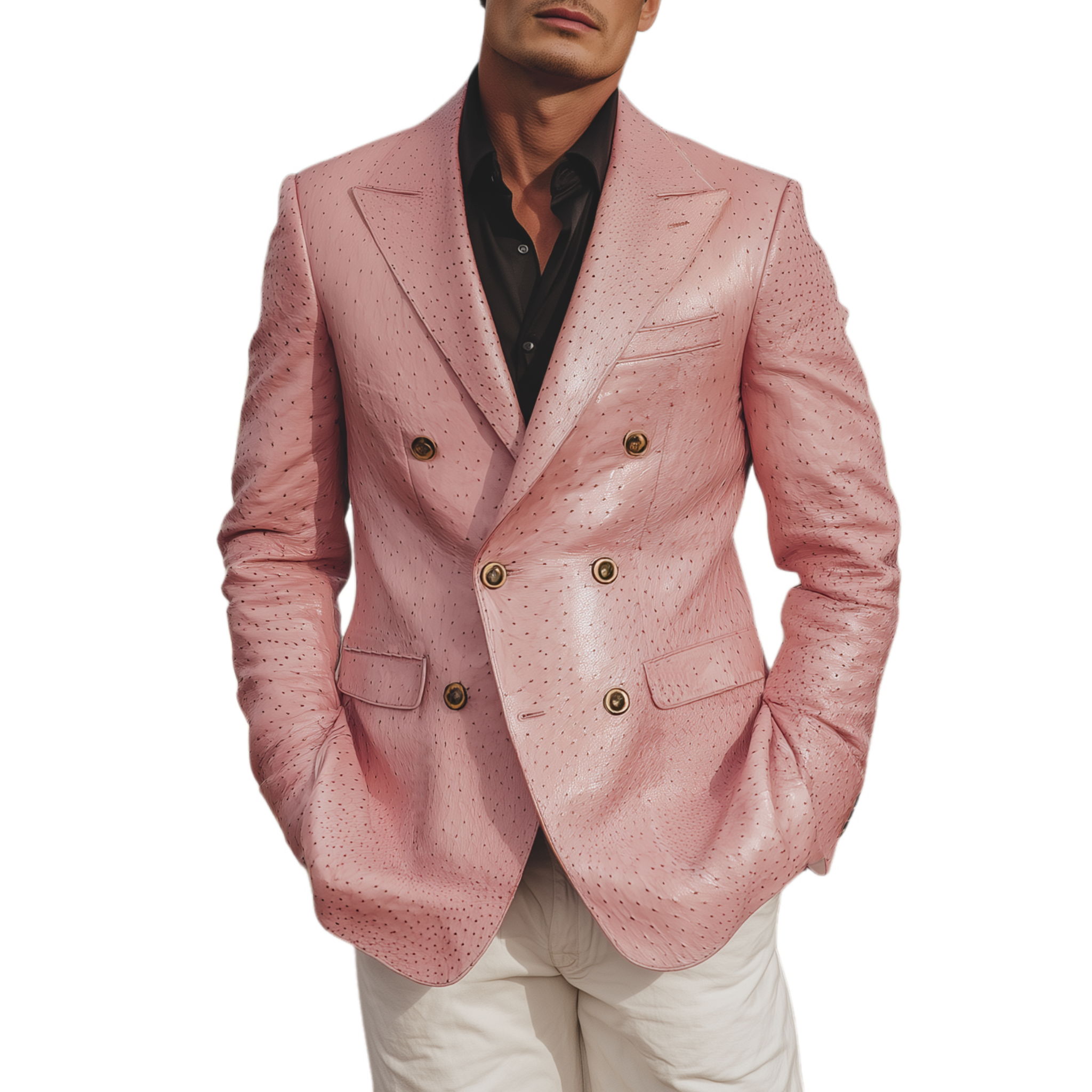 Men's Classic American Retro Pink Textured PU Leather Slim Double-breasted Blazer MTA1673H5K