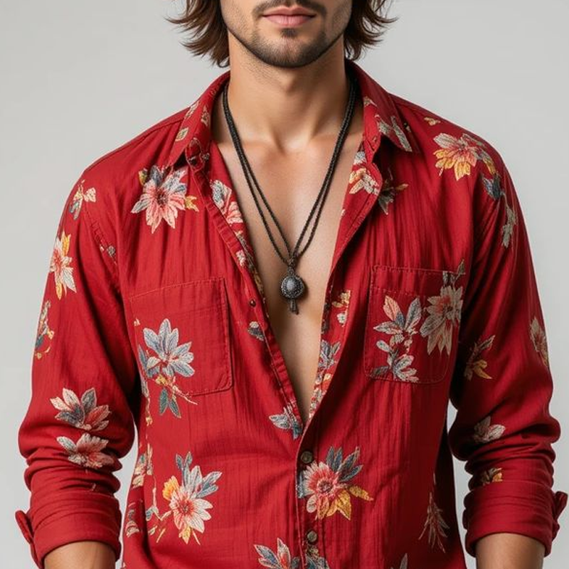 Men's Floral Lapel Chest Pocket Long Sleeve Shirt MTA2207G3Z