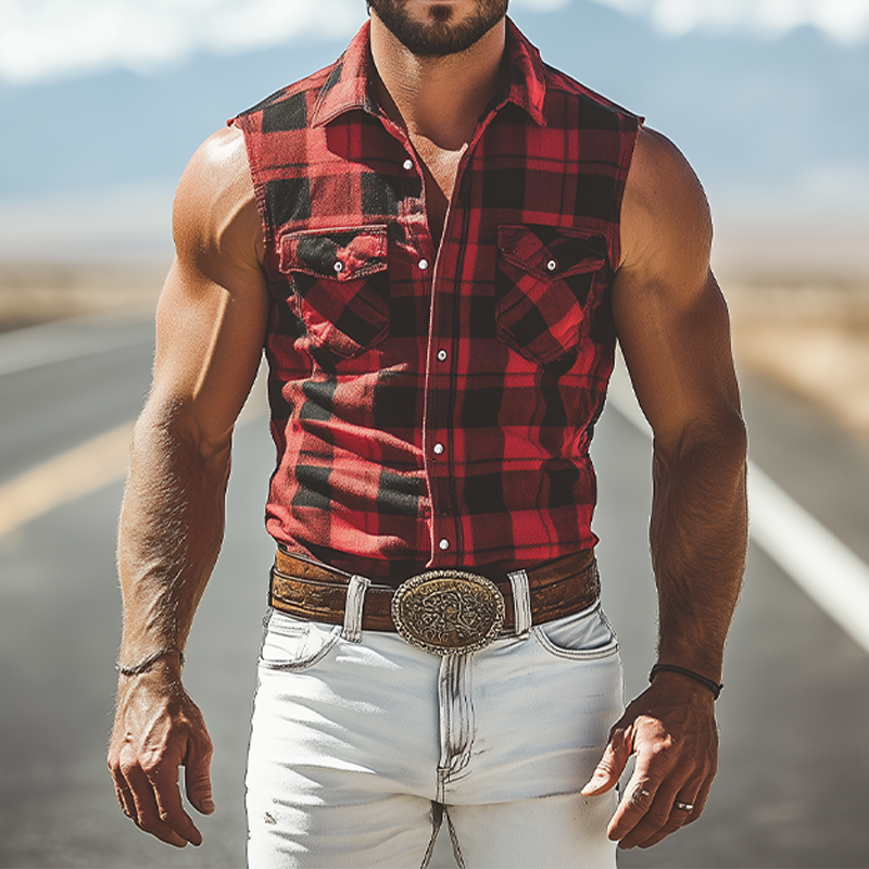 Men's Summer Casual Retro Western Denim Plaid Cotton Blended Sleeveless Shirt MTA2864D4K