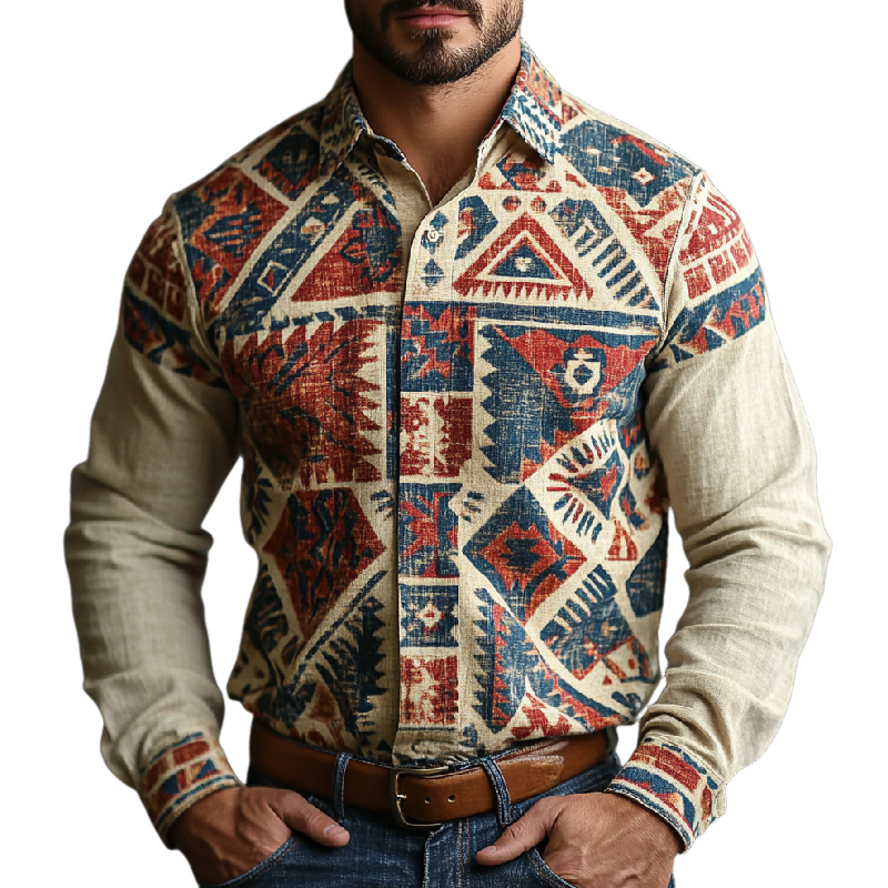 Men's Casual Lapel Printed Cotton and Linen Long Sleeve Shirt 10501604F