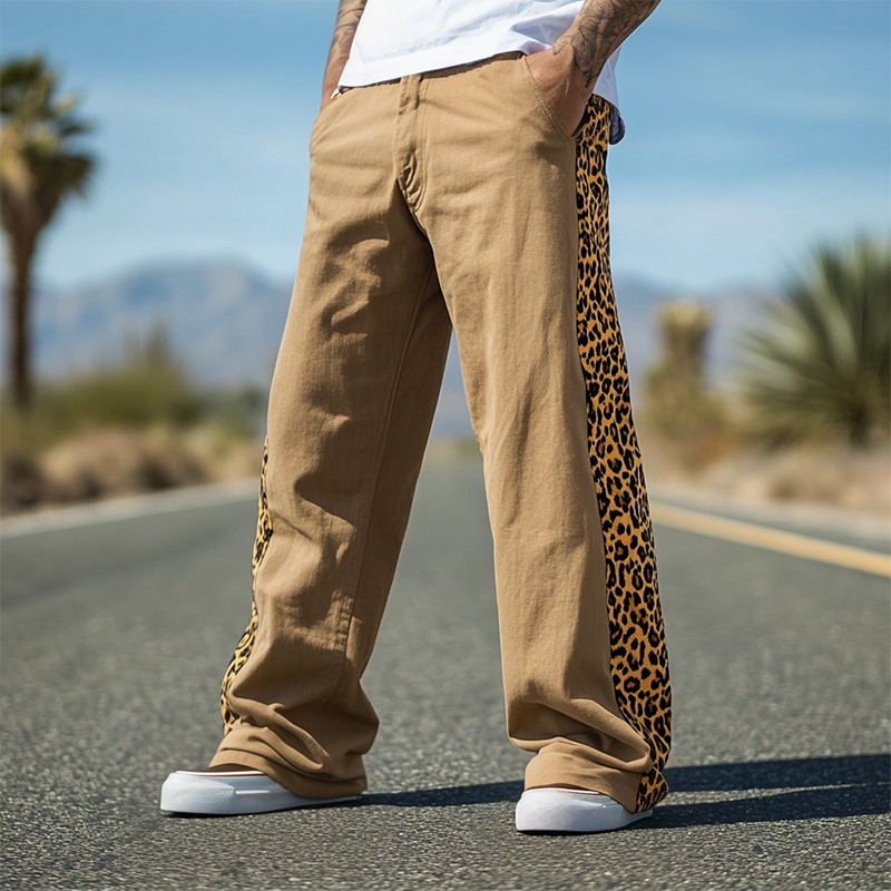 Men's Spring And Summer Casual Western Cowboy Style Cotton And Linen Splicing Leopard Print Loose Pants MTA1699E8K