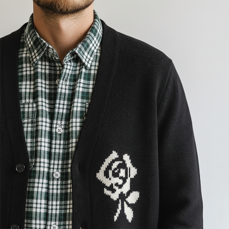 Men's Winter Simple Rose Jacquard Cotton Yarn Knit Cardigan MTA1462K5P