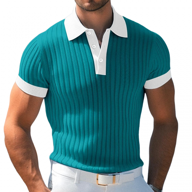 Men's Casual Breathable Contrast Color Lapel Slim Fit Knitted Short-sleeved Polo Shirt MTA2148G1M