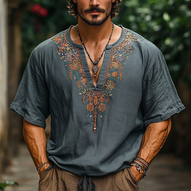 Men's Summer Embroidered V-Neck Cotton And Linen Loose Short-Sleeved T-Shirt MTA2678E4U
