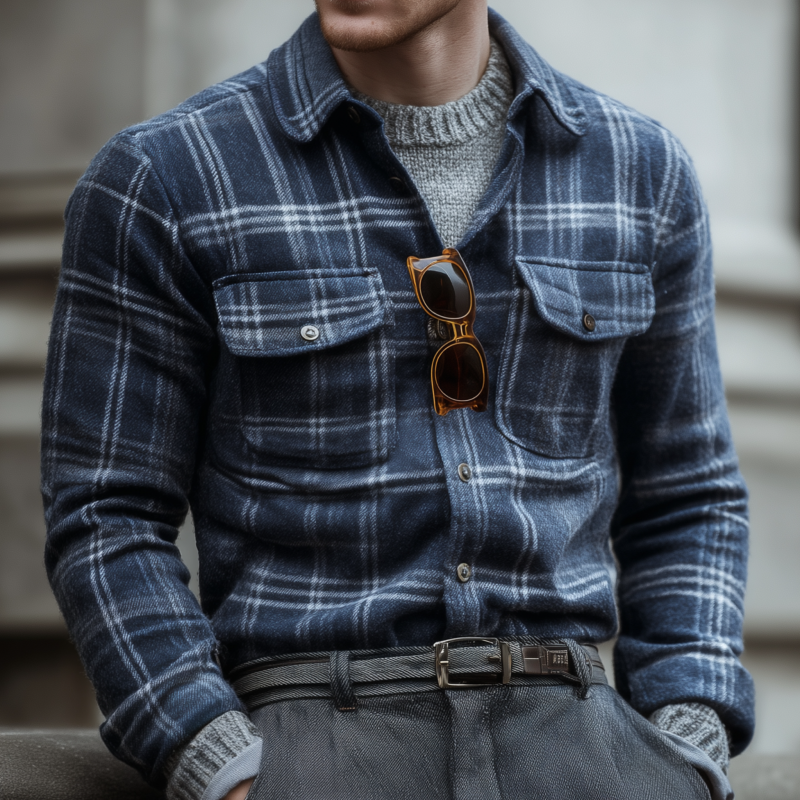 Men's Casual Vintage Flannel Plaid Lapel Flap Chest Pocket Slim Fit Long Sleeve Shirt MTA0818H1M