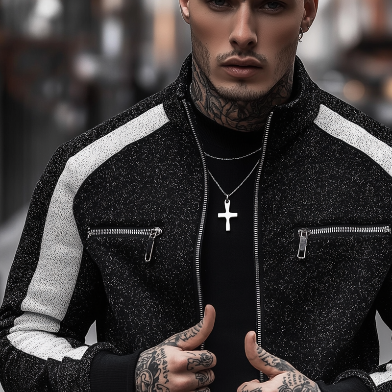 Men's Black And White Mixed Color Knit Stand Collar Zipper Jacket MTA0170H3Z