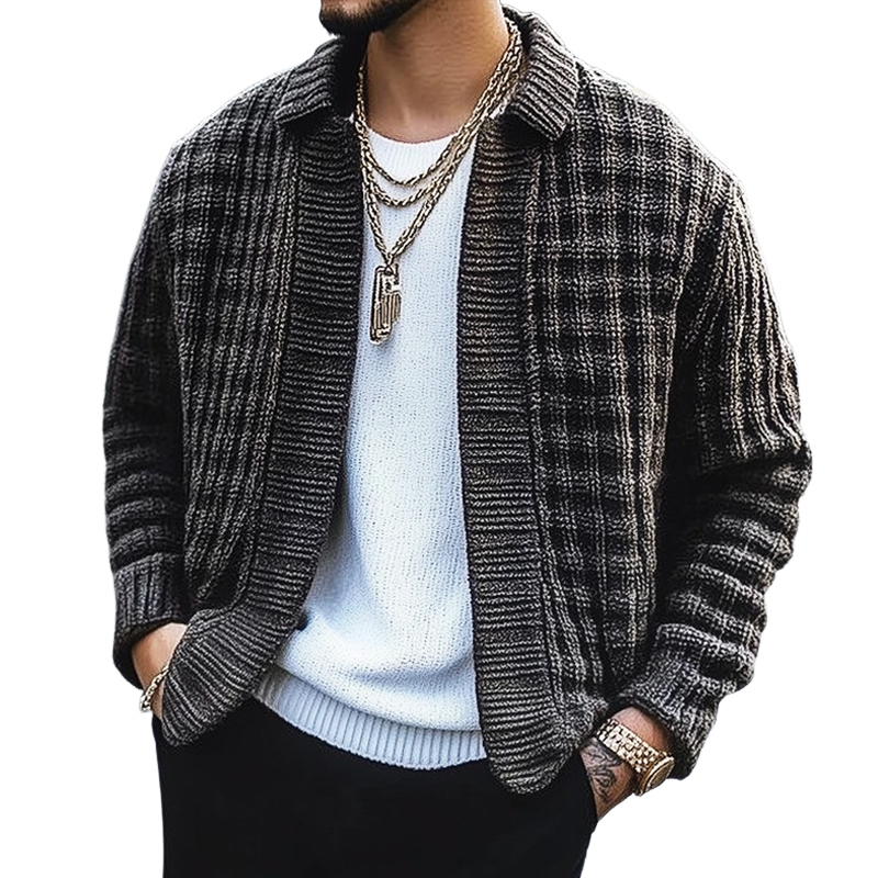 Men's Autumn And Winter Dark Gray Textured Lapel Knitted Cardigan MTA1123H6U
