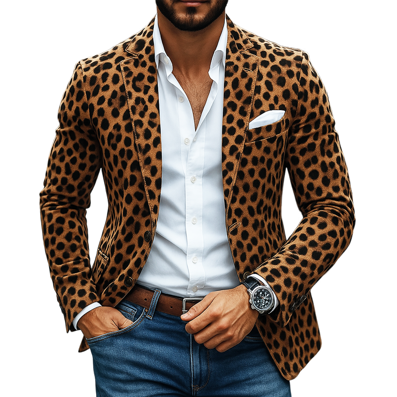 Men's Leopard Print Faux Suede Notch Lapel Two Buttons Blazer MTA0195I4Z