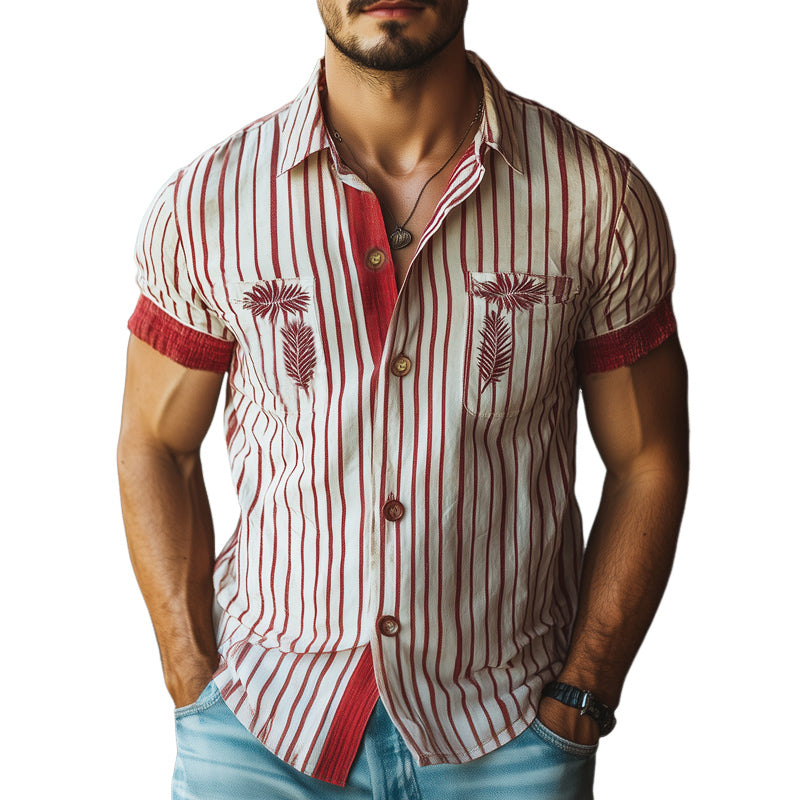 Men's Summer Red Striped Leaves Embroidered Short Sleeve Shirt MTA1014E3U