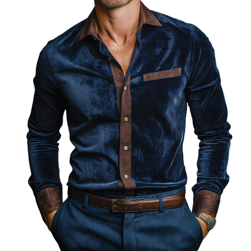 Men's Retro Casual Velvet Print Color Block Lapel Long Sleeve Shirt MTA2808J7TO