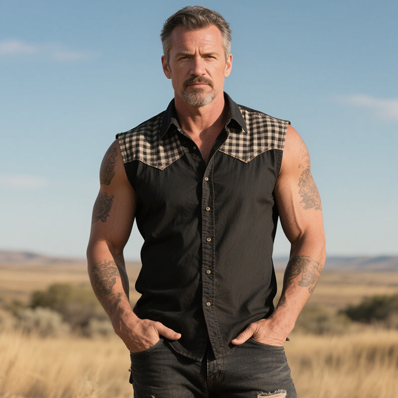 Men's Retro Western Cowboy Style Classic Plaid Stitching Denim Lapel Sleeveless Shirt MTA1404E4TO