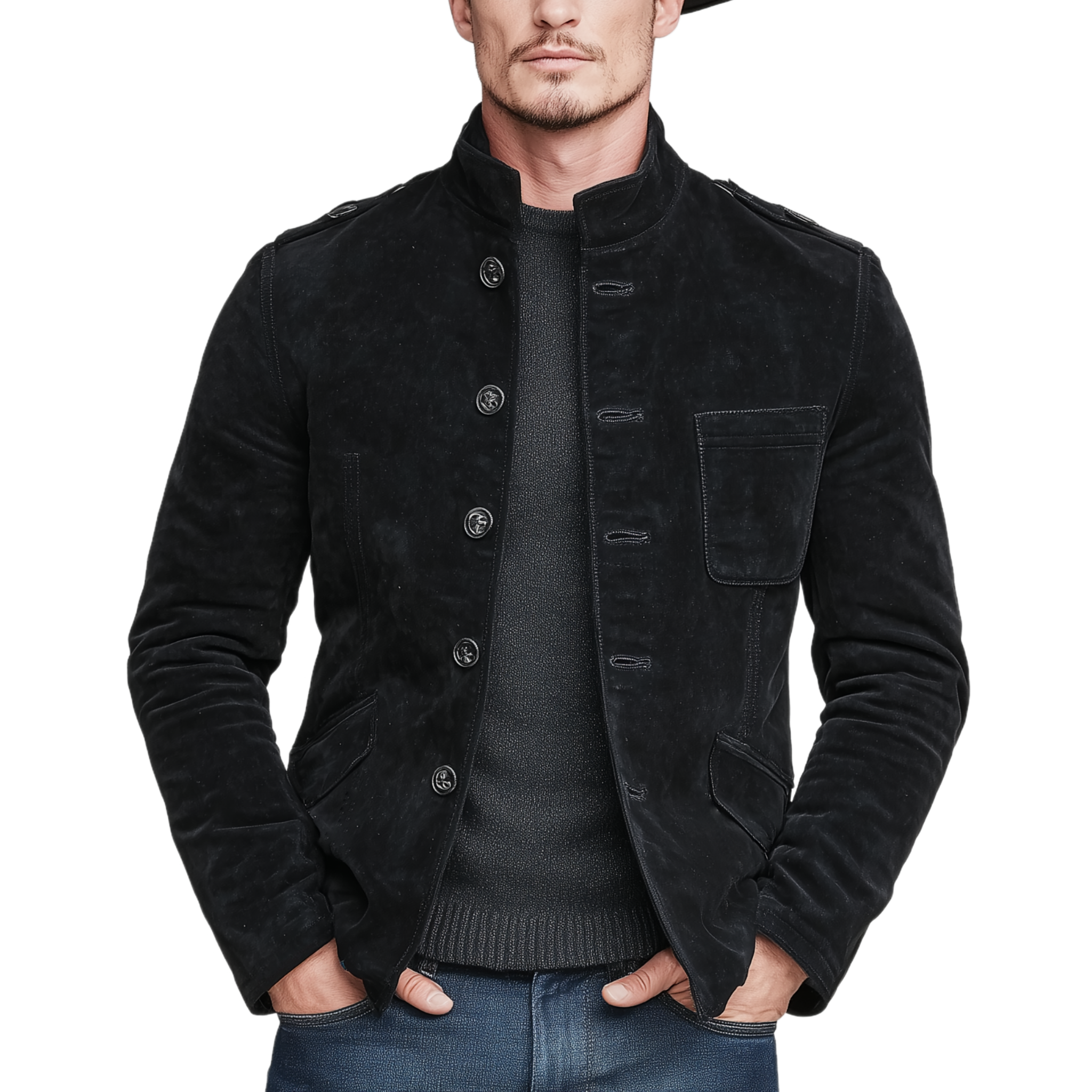 Men's Classic Retro Western Style Stand-up Collar Multi-pocket Faux Suede Jacket MTA1730K5K