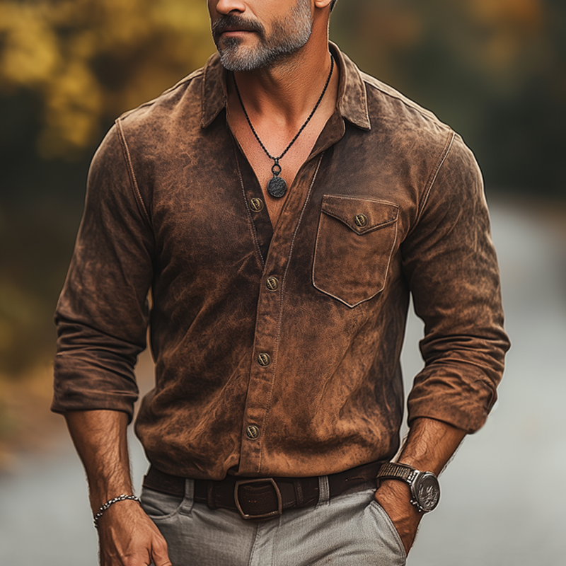 Men's Spring And Autumn Retro Distressed PU Leather Long Sleeve Shirt MTA1303H0U