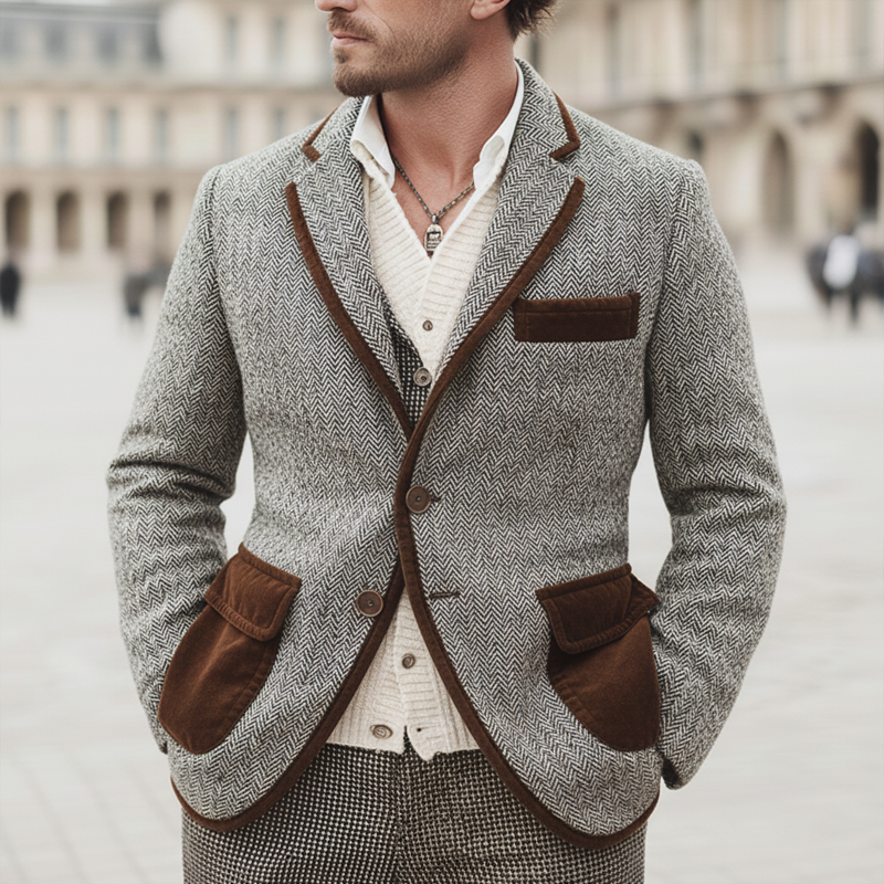 Men's Classic Color-blocked Two-button Faux Wool Slim-fit Blazer MTA2069L3U