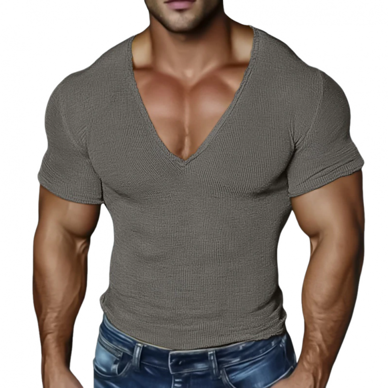Men's Casual Cotton Blended Ribbed Deep V-Neck Slim Short Sleeve T-Shirt MTA1483E7M