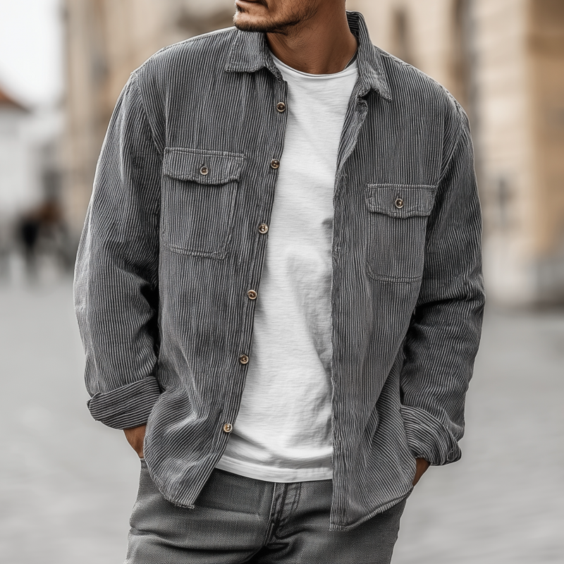 Men's Casual Breathable Striped Cotton Lapel Flap Pocket Loose Long Sleeve Shirt Jacket MTA1829G2M