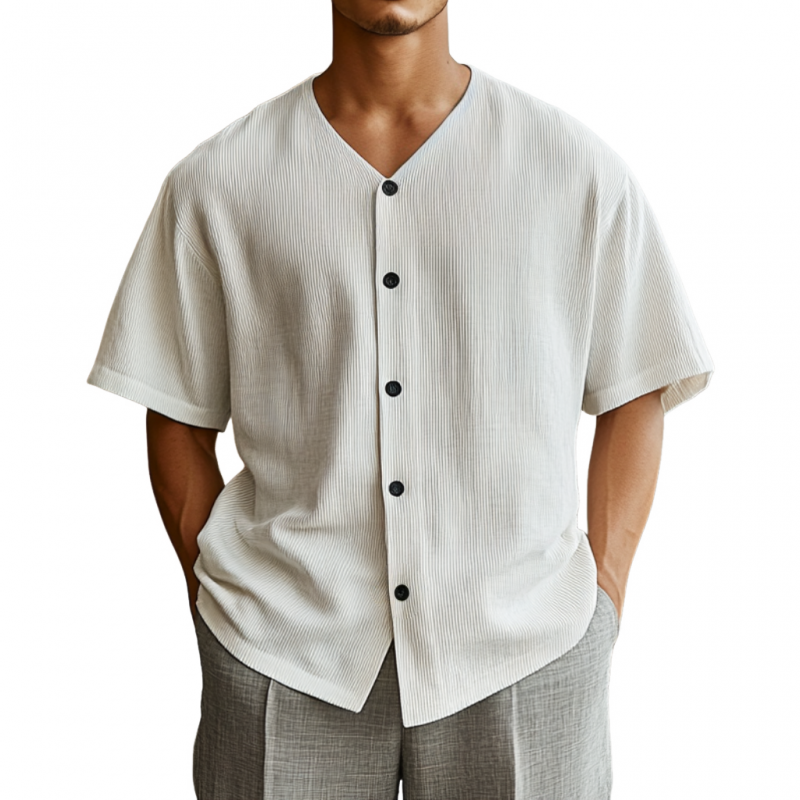 Men's Casual Cotton Blended Stripe V-Neck Single-Breasted Loose Short-Sleeved Shirt MTA2937D6M