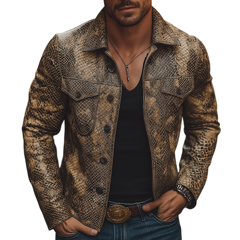 Men's Retro Casual Python Pattern Lapel PU Leather Jacket MTA1939H7TO