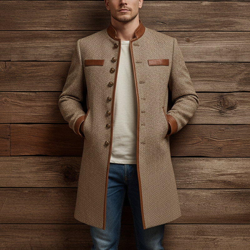 Men's Winter Fashion PU Patch Herringbone Faux Wool Mid-Length Coat MTA1503J9P