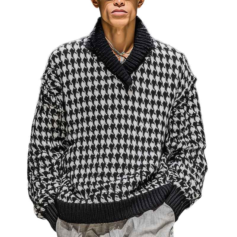 Men's Winter Fashion Cotton Knitted Houndstooth Pattern Sweater MTA1363J1P